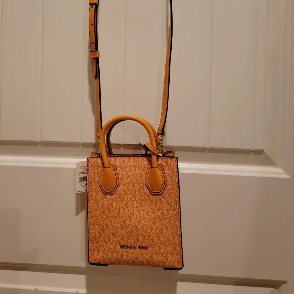 Michael Kors XS Crossbody Bag MK Monogram Orange Leather Mini Tote NWT